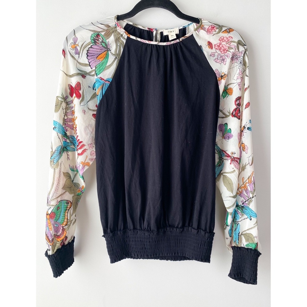 Anthropologie Tiny Womens Top XS Black Butterfly Print Sheer Long Sleeve Fairy